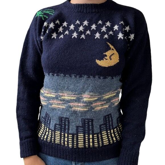 Vintage Ace Knitwear Handknit City Scene Made in Edinburgh Scotland Sweater Sz S - Picture 1 of 9